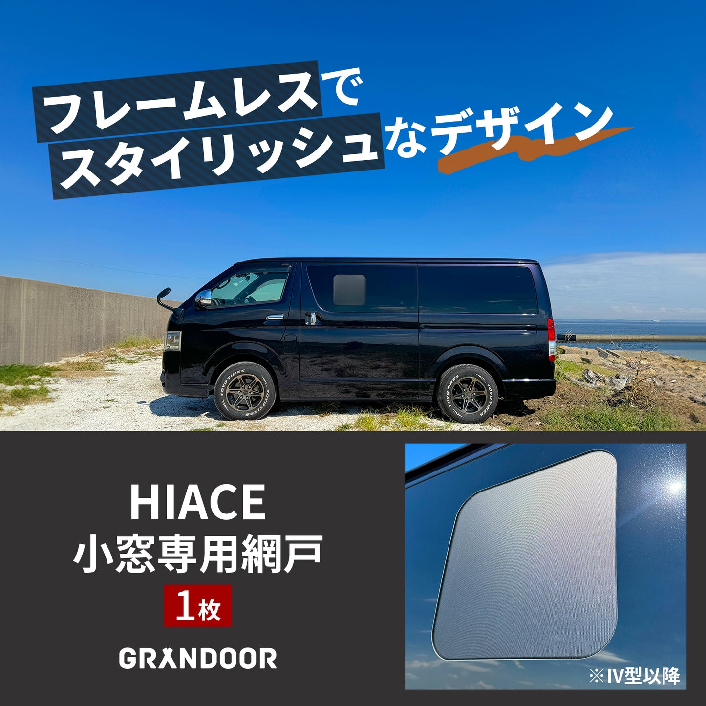 GRANDOOR ハイエース小窓用網戸 1枚／２枚セット 200系 4型 5型 6型 7型 8型 平成25年12月以降